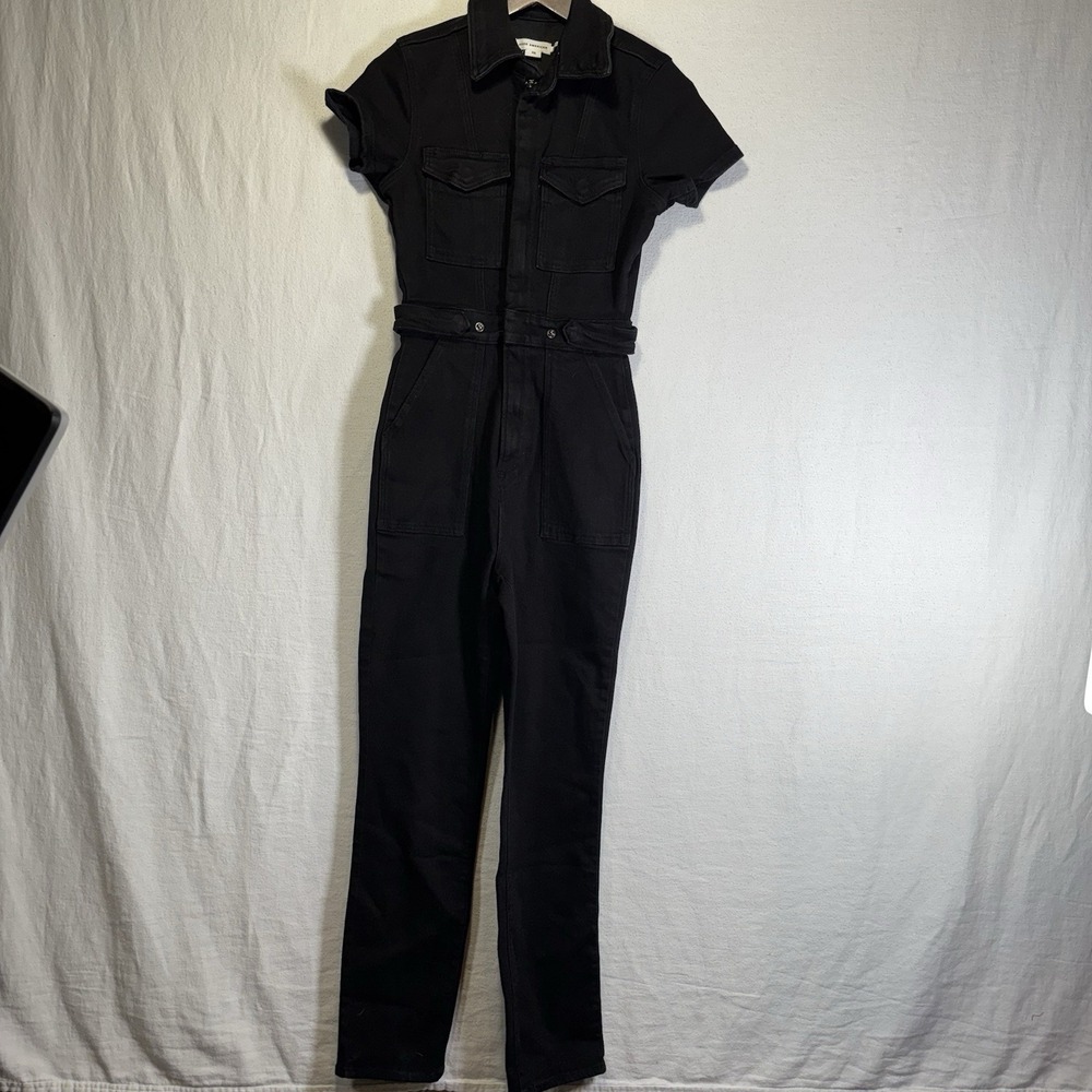 Good American Black Denim Short Sleeve Utility Jumpsuit Belted Zip Front Size XS